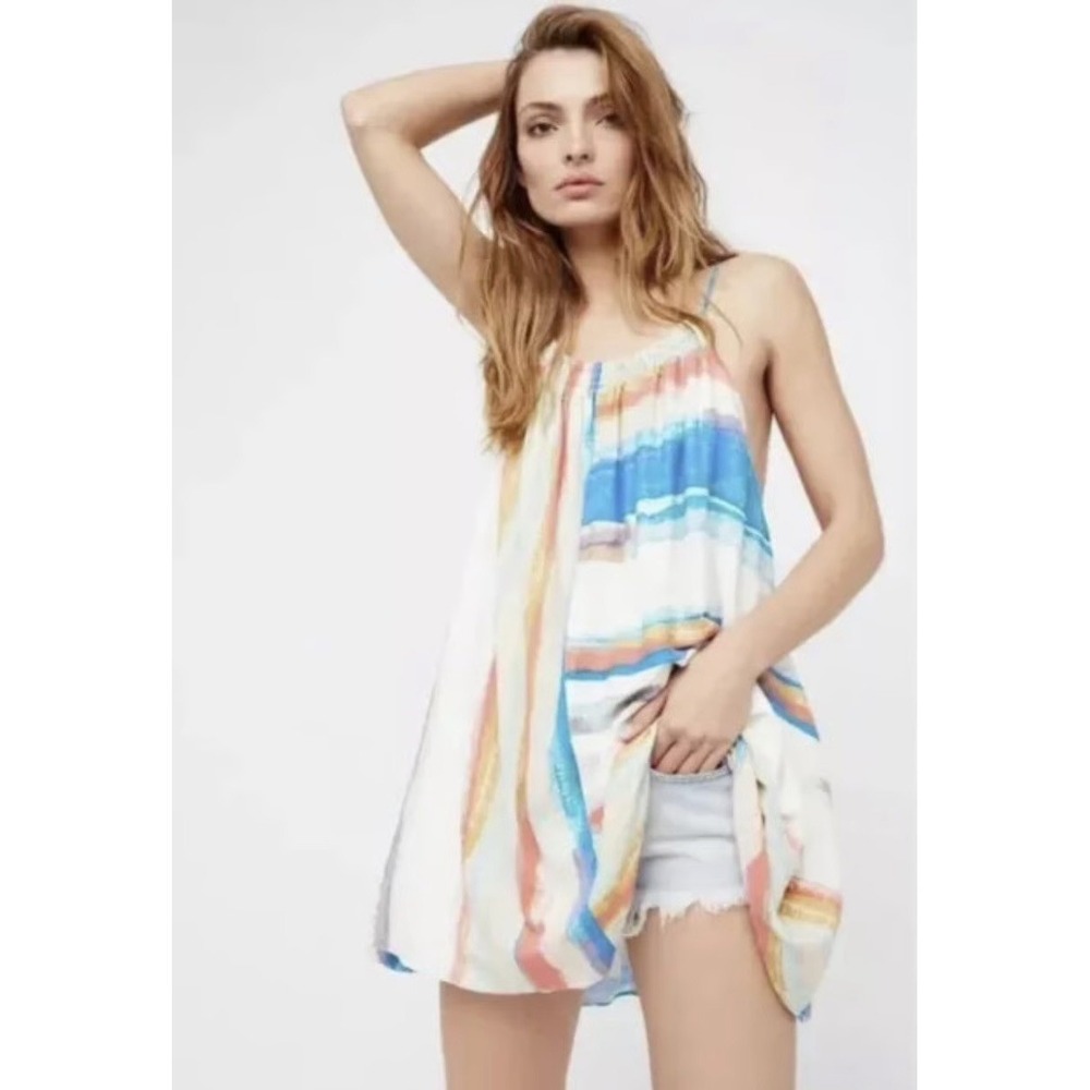 Free People Painted Stripe Mini Dress Tunic Large Boho Swing Shift Halter Blue